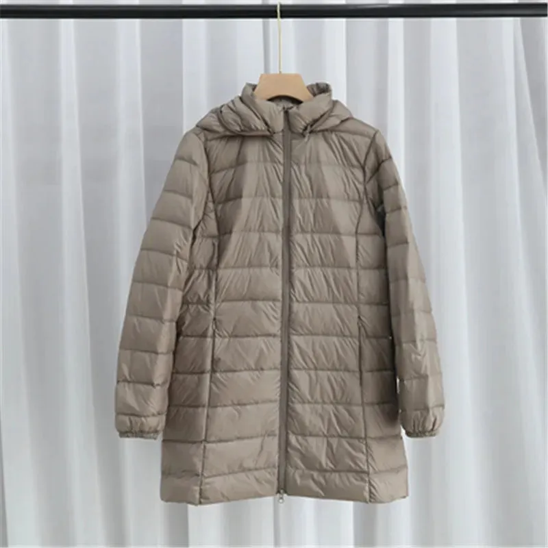 Women's Plus Size Down Puffer Jacket Detachable Hood Light Thin White Duck Down Winter Jacket Long Warm Puffer Outerwear