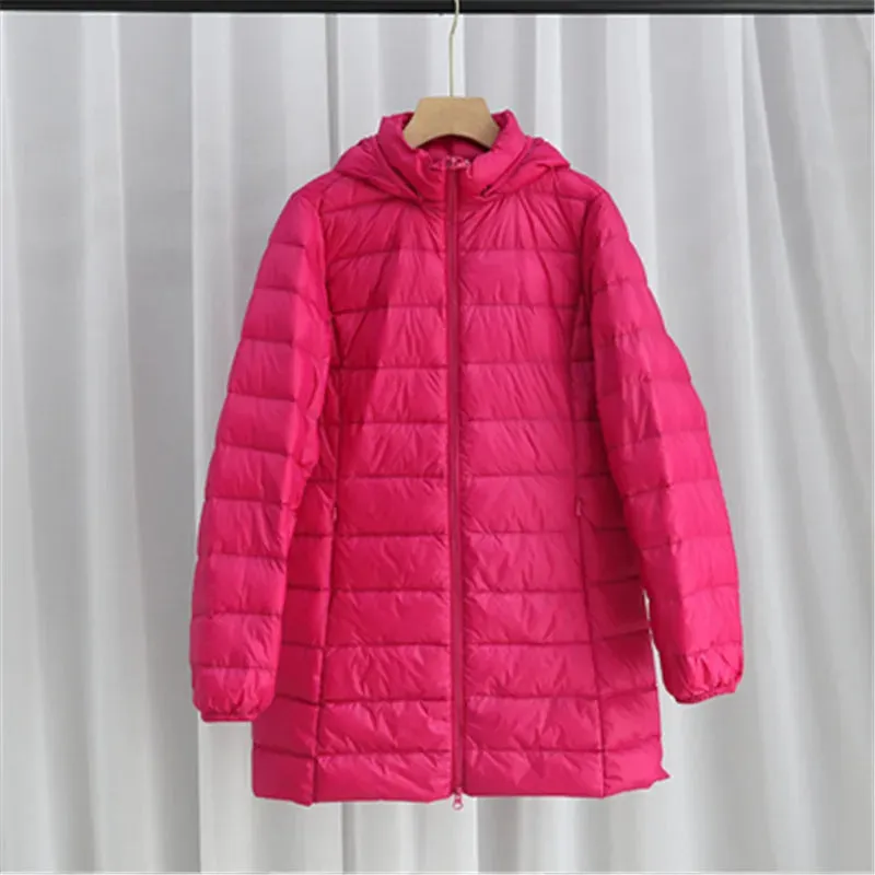 Women's Plus Size Down Puffer Jacket Detachable Hood Light Thin White Duck Down Winter Jacket Long Warm Puffer Outerwear