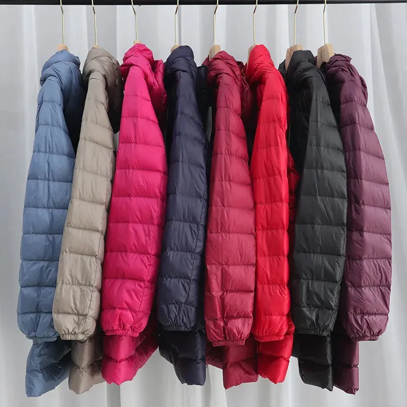 Women's Plus Size Down Puffer Jacket Detachable Hood Light Thin White Duck Down Winter Jacket Long Warm Puffer Outerwear