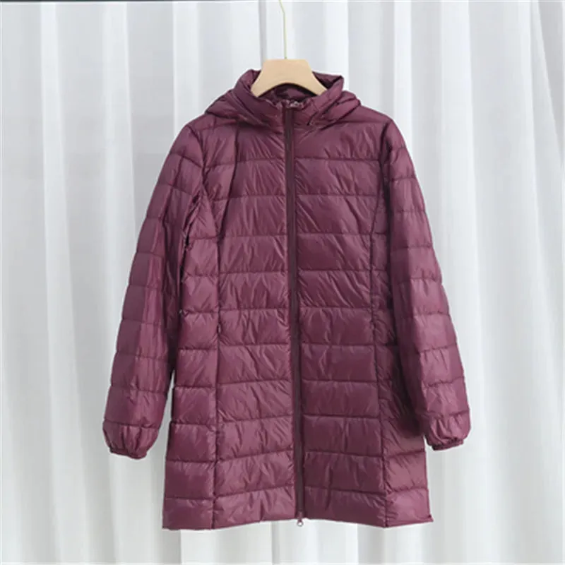 Women's Plus Size Down Puffer Jacket Detachable Hood Light Thin White Duck Down Winter Jacket Long Warm Puffer Outerwear