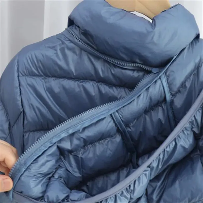 Women's Plus Size Down Puffer Jacket Detachable Hood Light Thin White Duck Down Winter Jacket Long Warm Puffer Outerwear