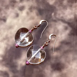 Women's Precious stone Pink sapphire & faceted Quartz Heart rose gold filled drop Earrings