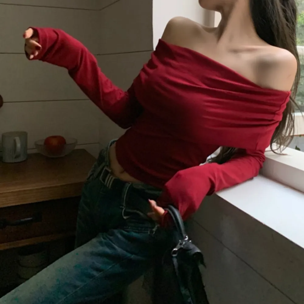 Women's  Retro Red One Shoulder Long Sleeve