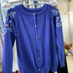 Women's Round Neck Long-Sleeved Soft Knit Floral Cardigan