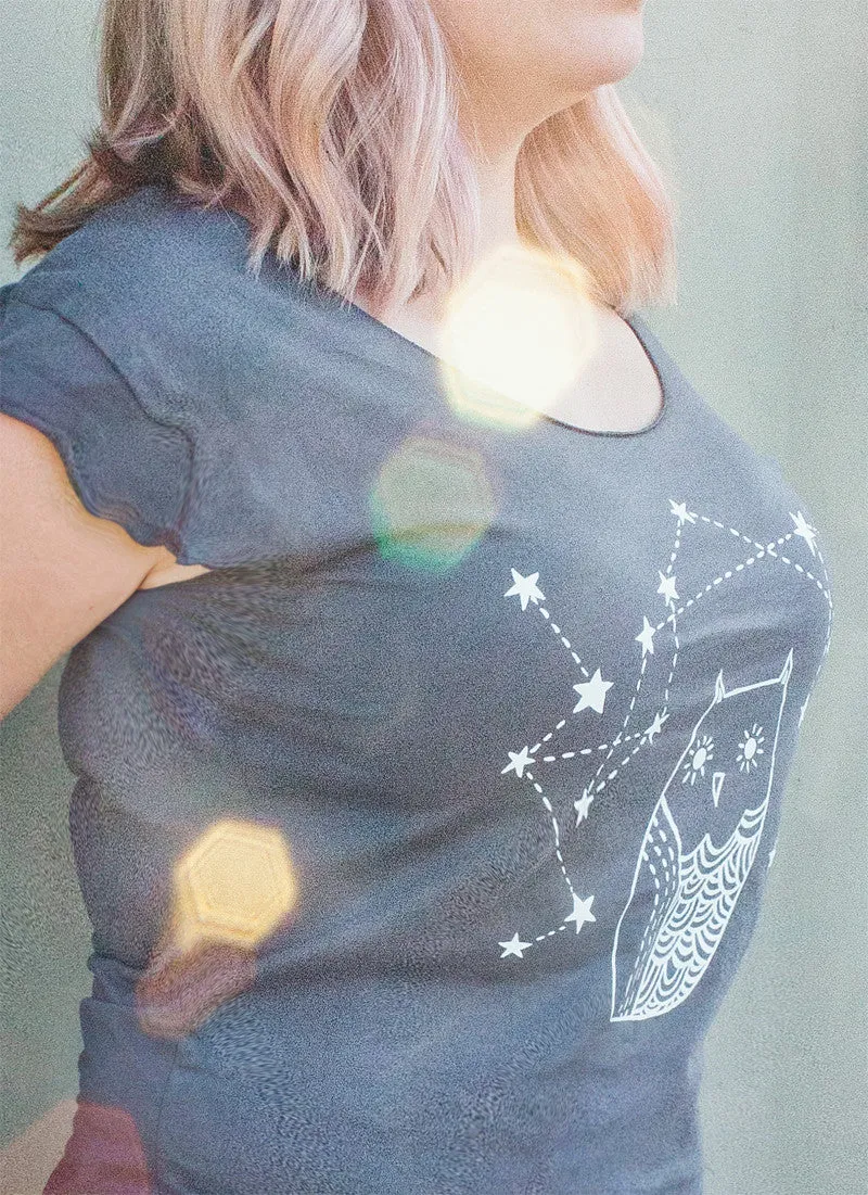 Womens Shirt - Constellation Owl - Asphalt Grey Owl Shirt for Women