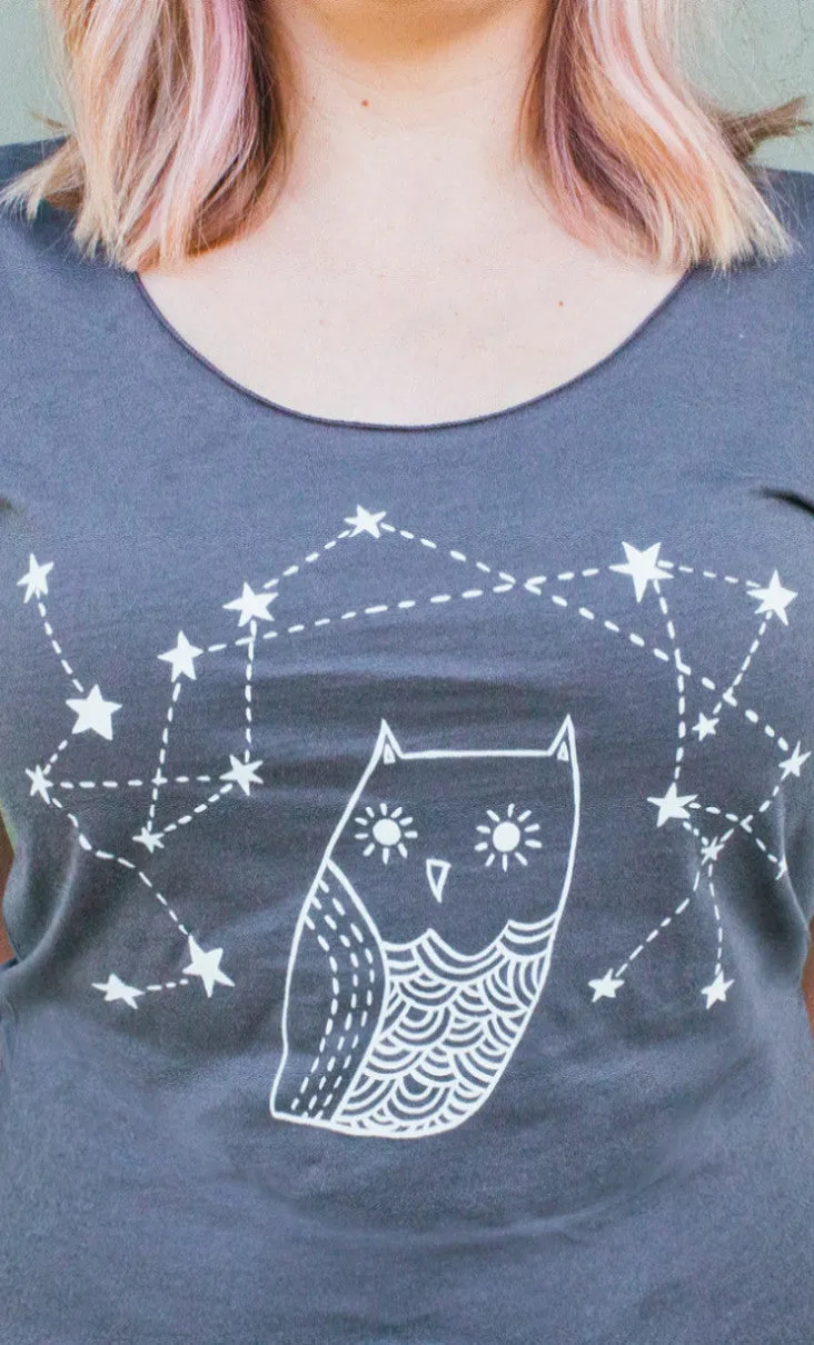 Womens Shirt - Constellation Owl - Asphalt Grey Owl Shirt for Women