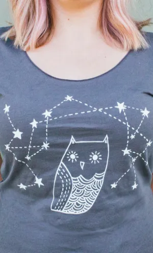 Womens Shirt - Constellation Owl - Asphalt Grey Owl Shirt for Women