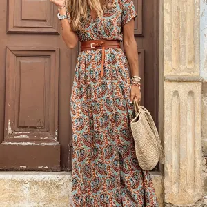 Women's Short Sleeve Floral Maxi Long Dress