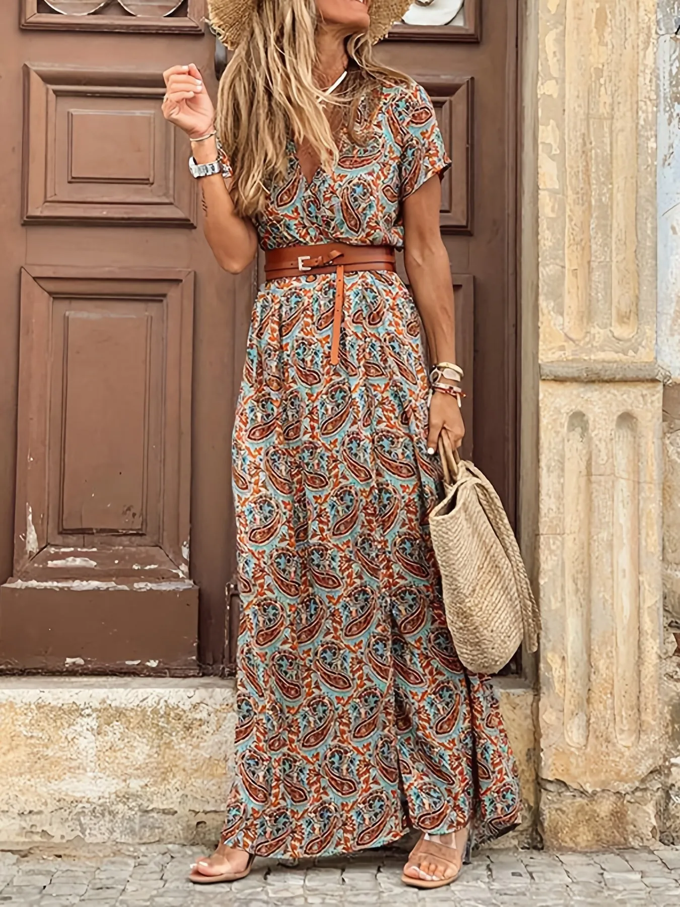 Women's Short Sleeve Floral Maxi Long Dress
