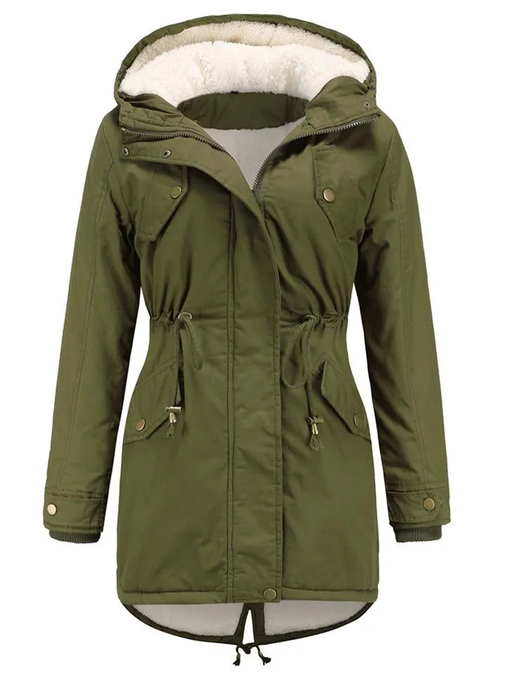 Women's Solid Color Hooded Collar Zipper Warm Coats
