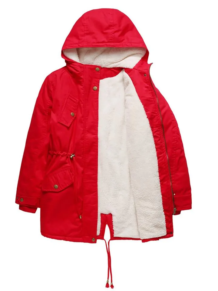 Women's Solid Color Hooded Collar Zipper Warm Coats