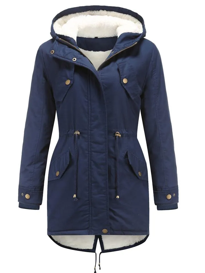 Women's Solid Color Hooded Collar Zipper Warm Coats