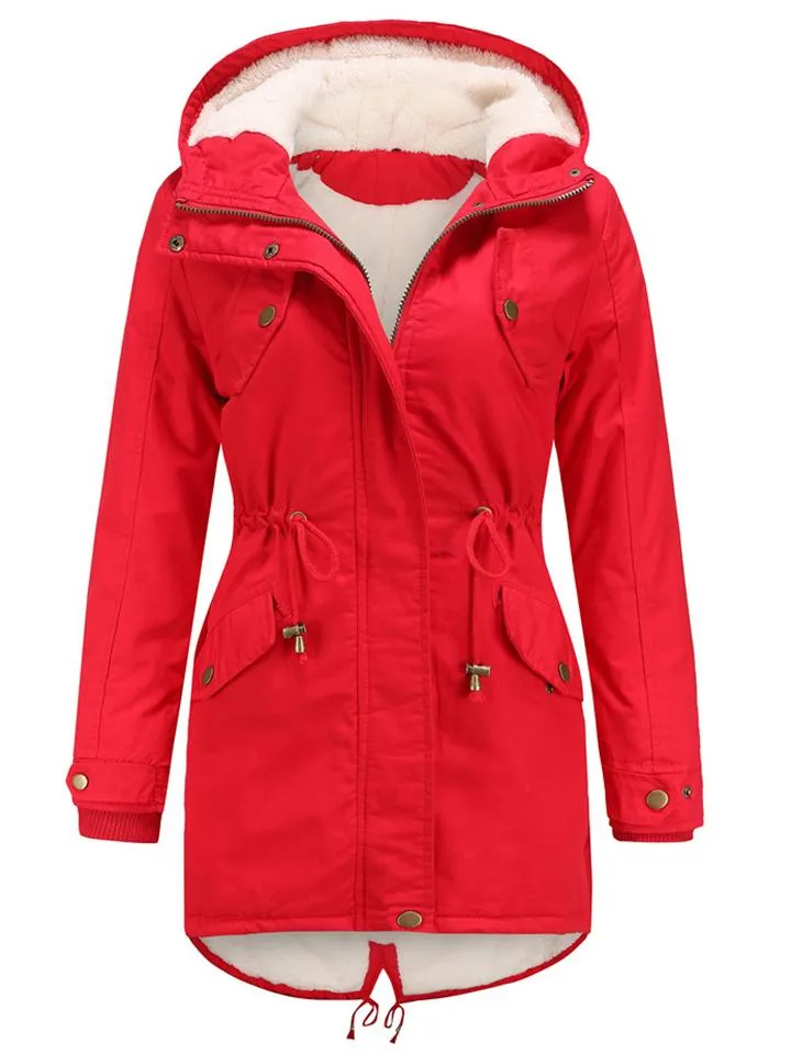 Women's Solid Color Hooded Collar Zipper Warm Coats
