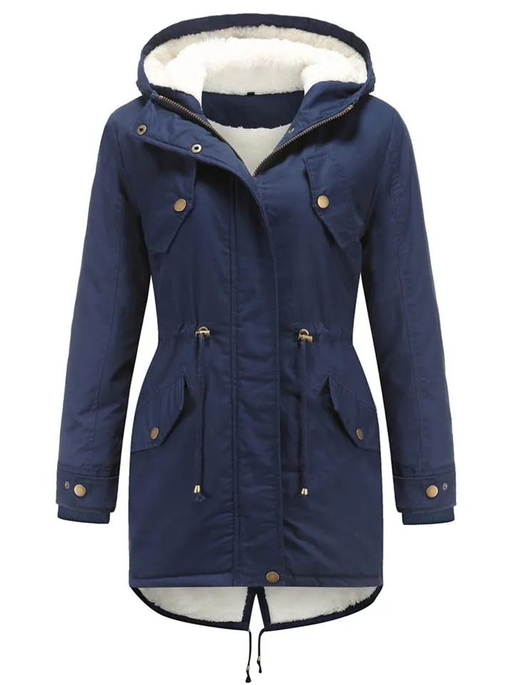 Women's Solid Color Hooded Collar Zipper Warm Coats