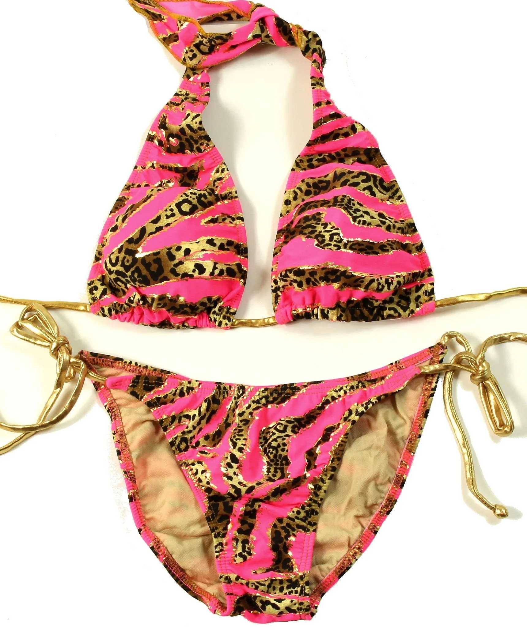 Women's Swimsuit Two Piece Hot Pink, Gold and Leopard Print Set