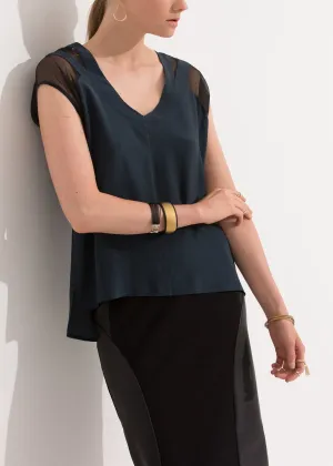 Women's V Neck Double Sheer Top In Navy