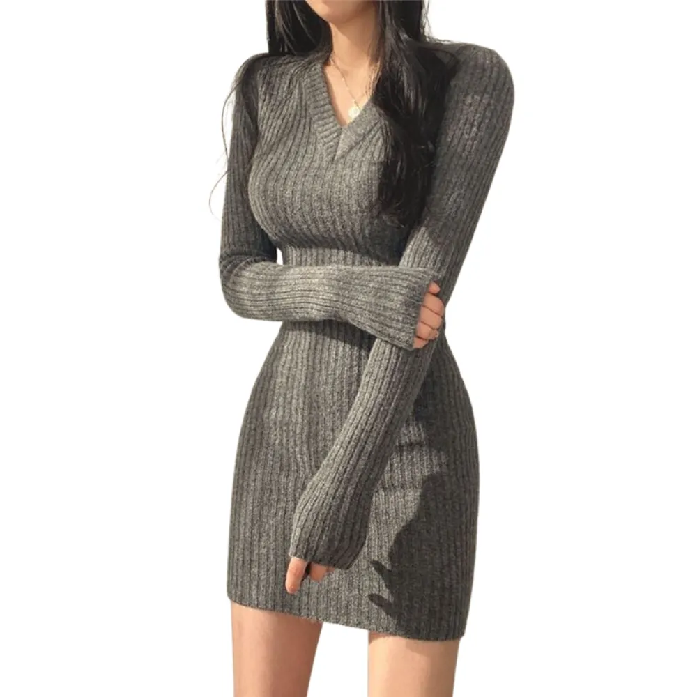 Women's V-Neck Hip Cover Knit Dress