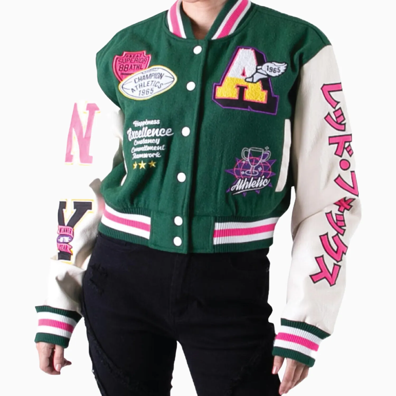 Women's Wool Crop Varsity Jacket With Patch