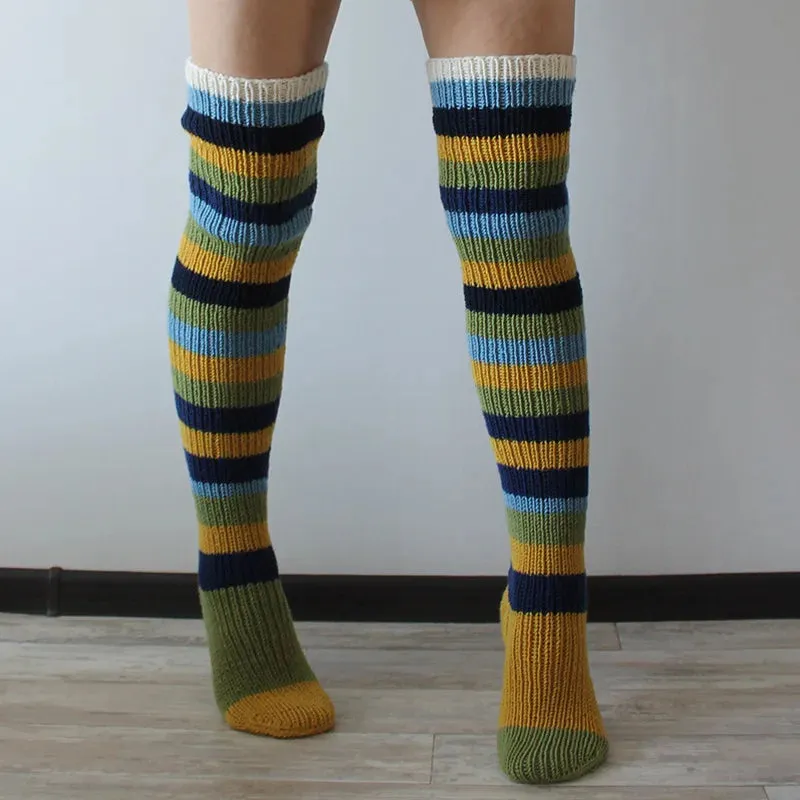 Women's Wool Knee Socks & Leg Warmers – Cozy Striped Knit for Y2K & Cosplay Styles