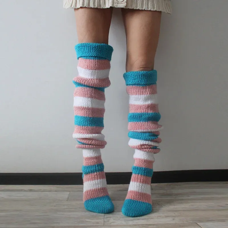 Women's Wool Knee Socks & Leg Warmers – Cozy Striped Knit for Y2K & Cosplay Styles