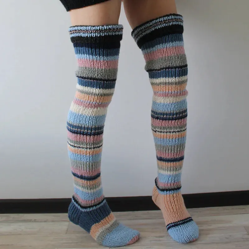 Women's Wool Knee Socks & Leg Warmers – Cozy Striped Knit for Y2K & Cosplay Styles