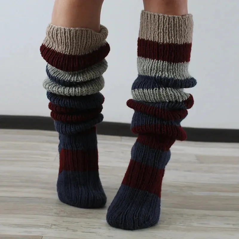 Women's Wool Knee Socks & Leg Warmers – Cozy Striped Knit for Y2K & Cosplay Styles