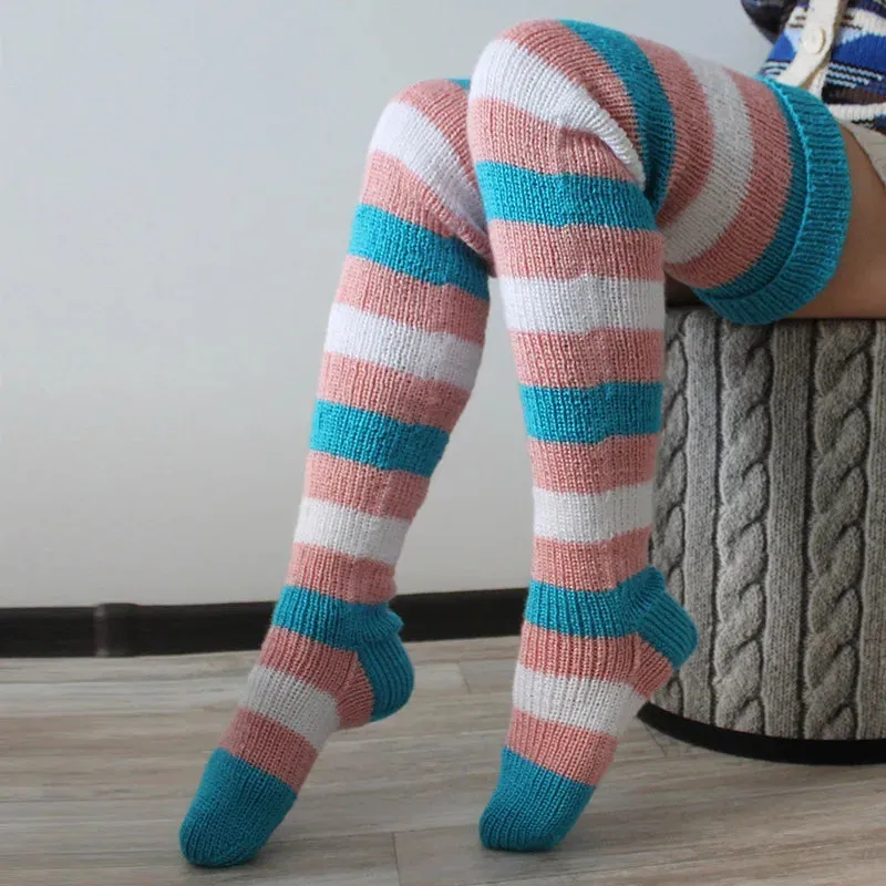 Women's Wool Knee Socks & Leg Warmers – Cozy Striped Knit for Y2K & Cosplay Styles