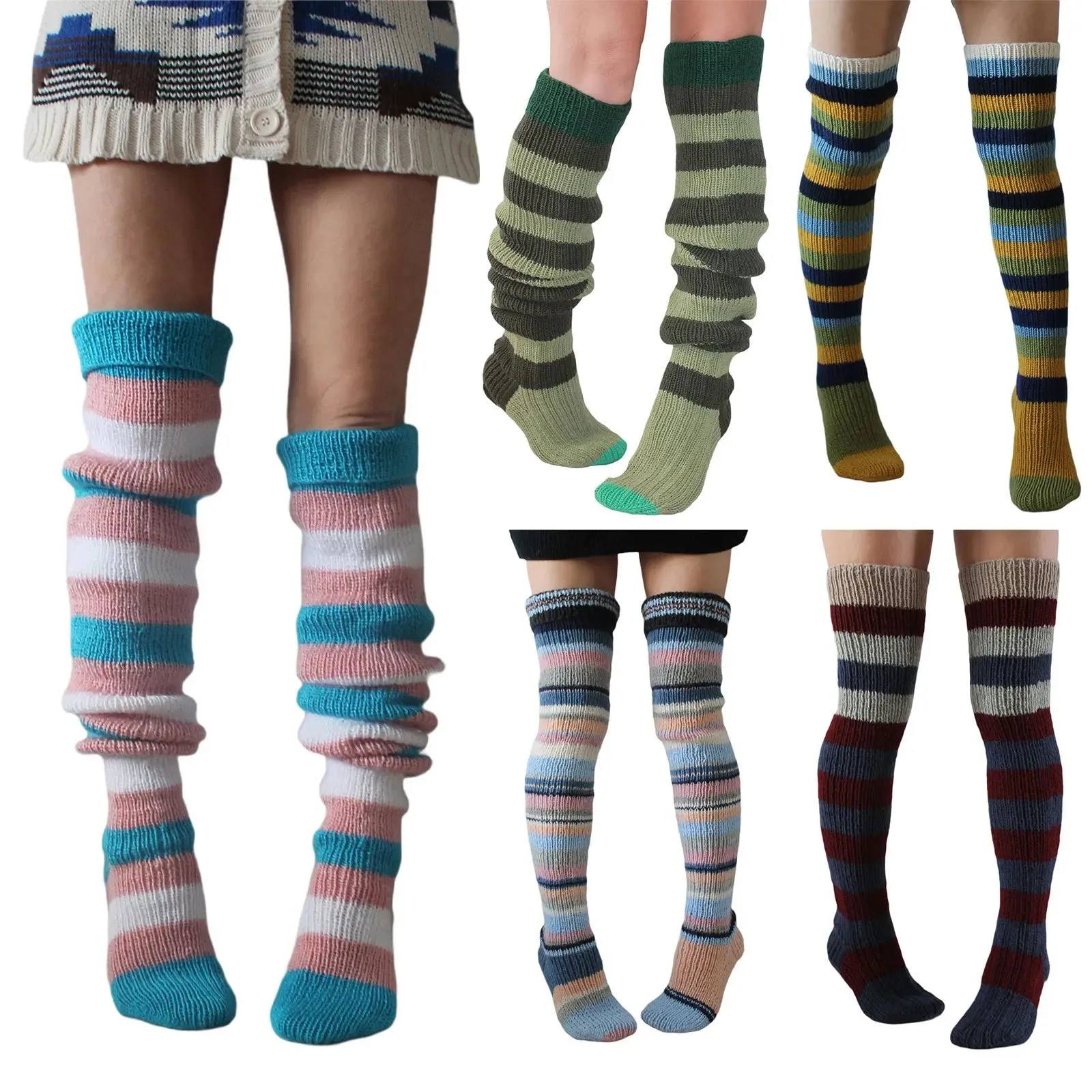 Women's Wool Knee Socks & Leg Warmers – Cozy Striped Knit for Y2K & Cosplay Styles