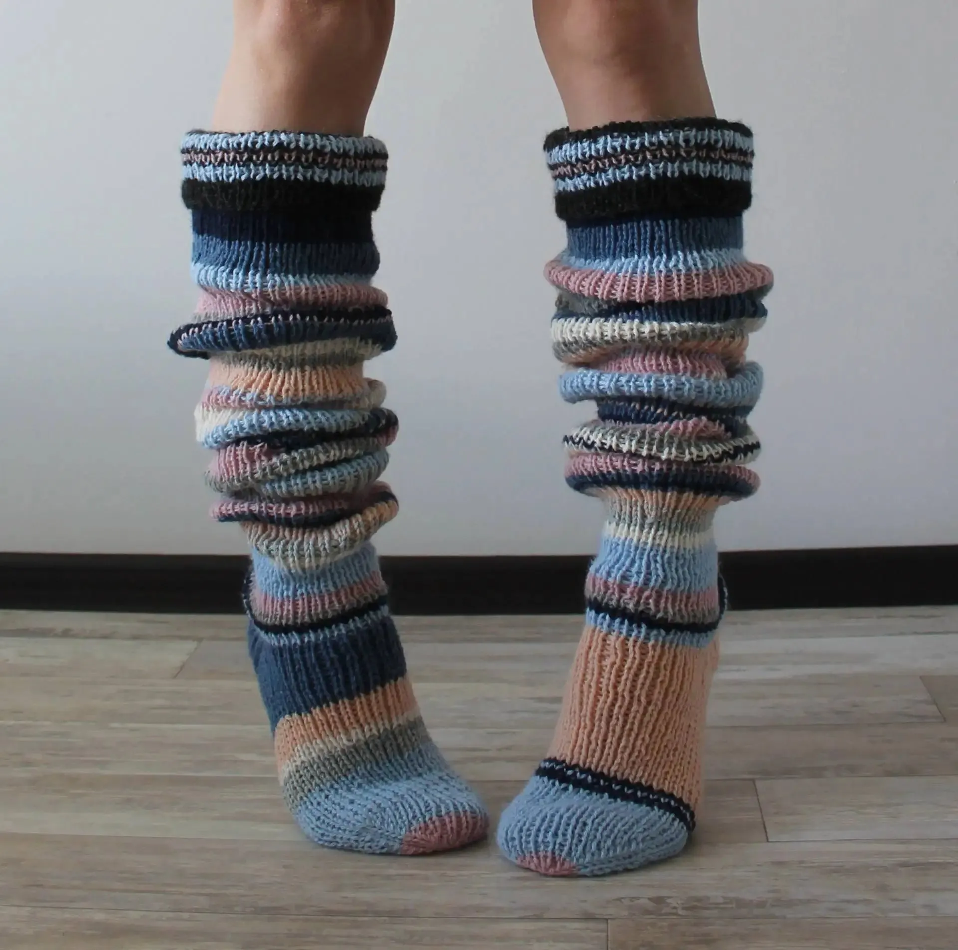 Women's Wool Knee Socks & Leg Warmers – Cozy Striped Knit for Y2K & Cosplay Styles