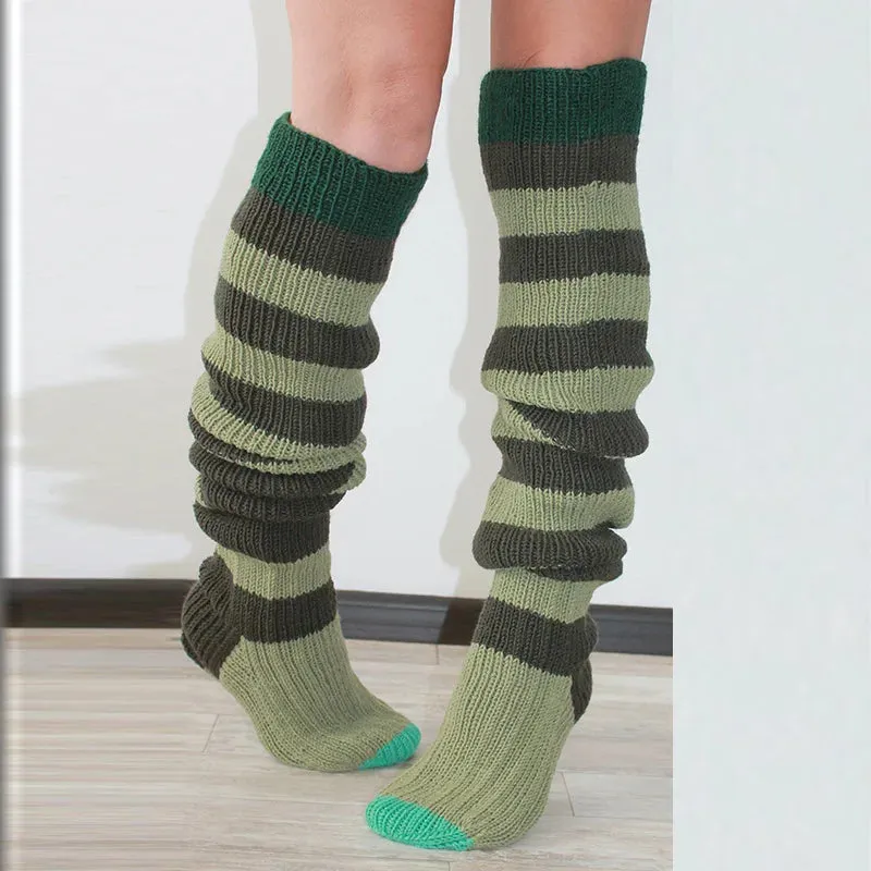 Women's Wool Knee Socks & Leg Warmers – Cozy Striped Knit for Y2K & Cosplay Styles