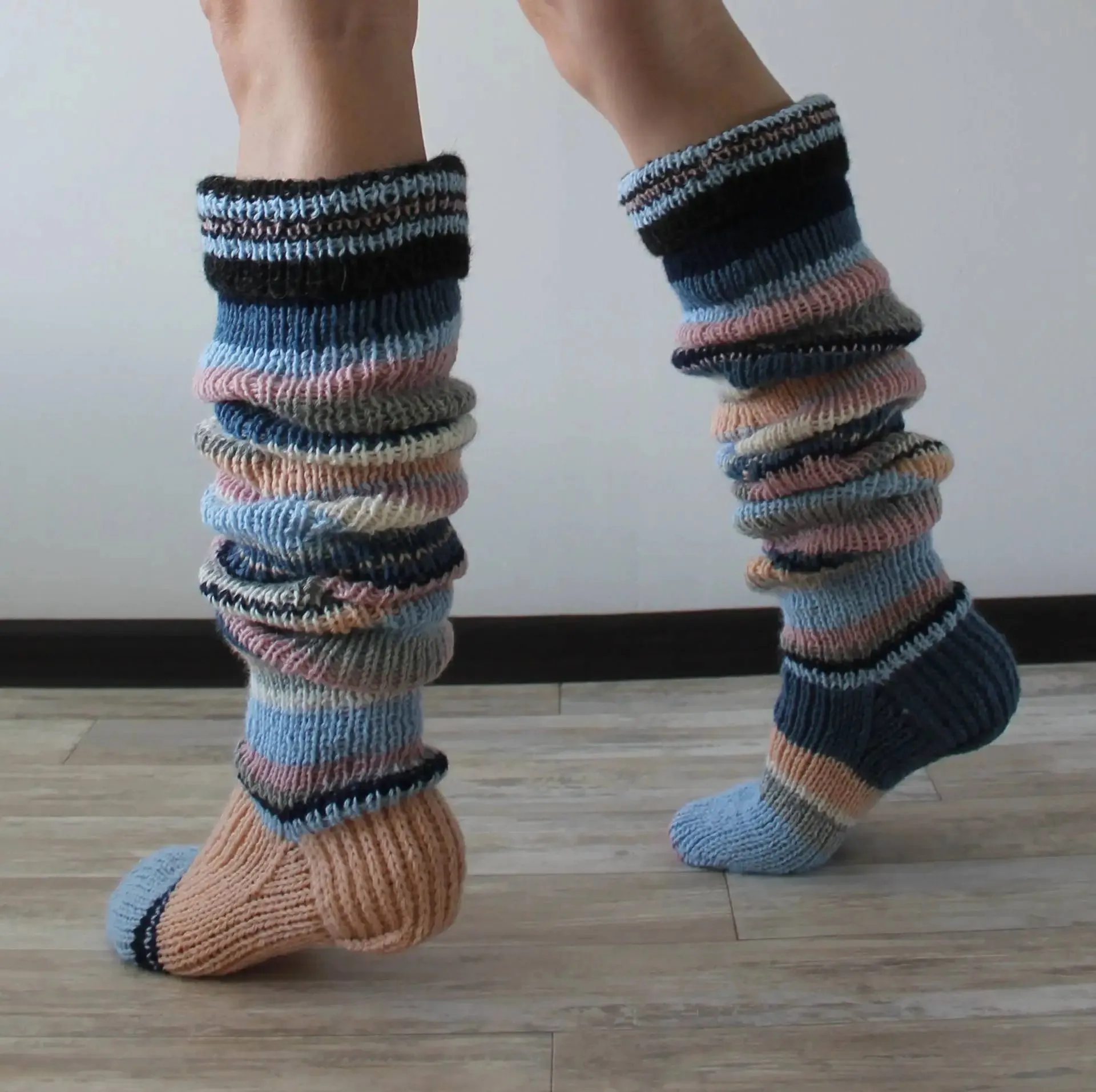 Women's Wool Knee Socks & Leg Warmers – Cozy Striped Knit for Y2K & Cosplay Styles