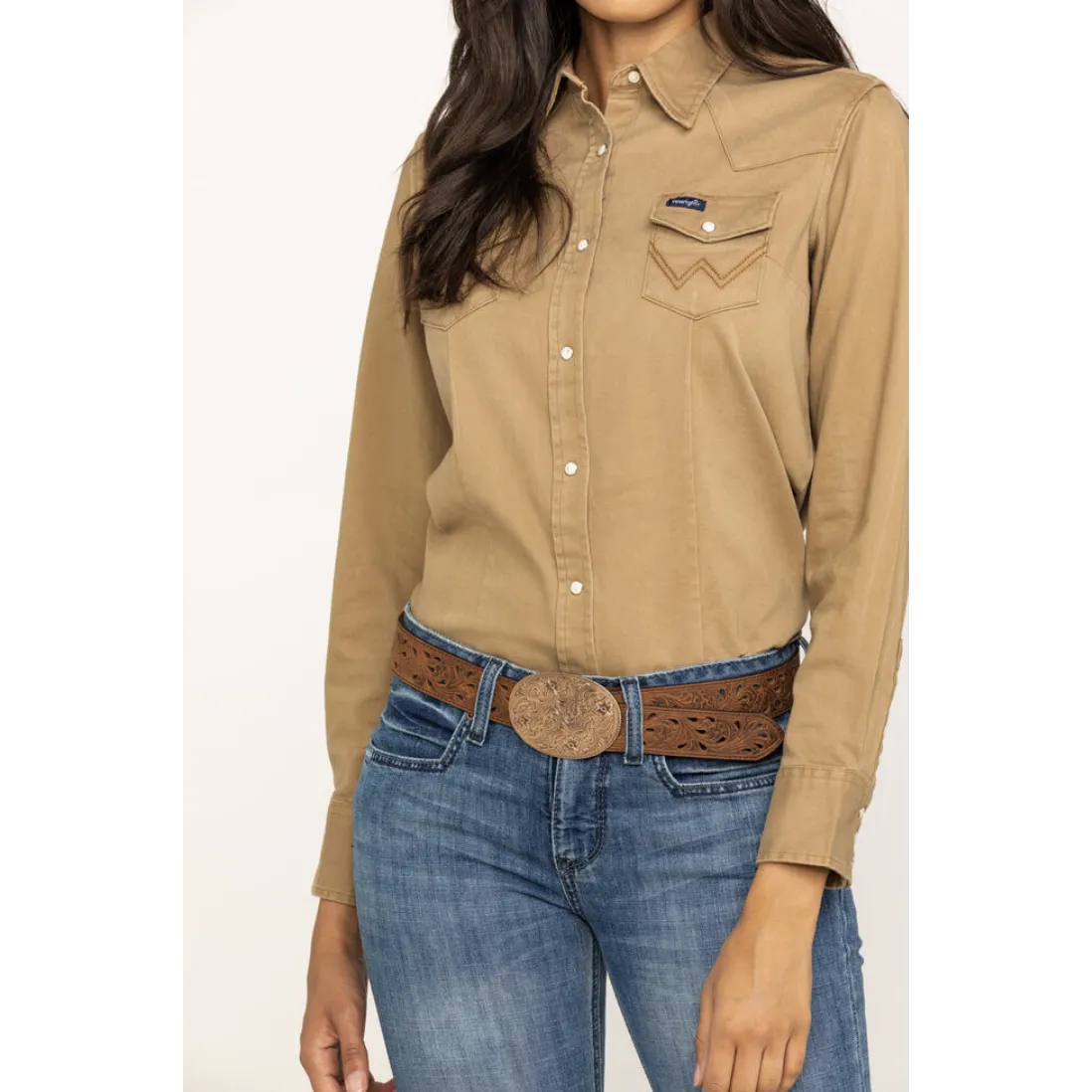 Wrangler® Long Sleeve One Point Front & Back Yokes Solid Top - Tan