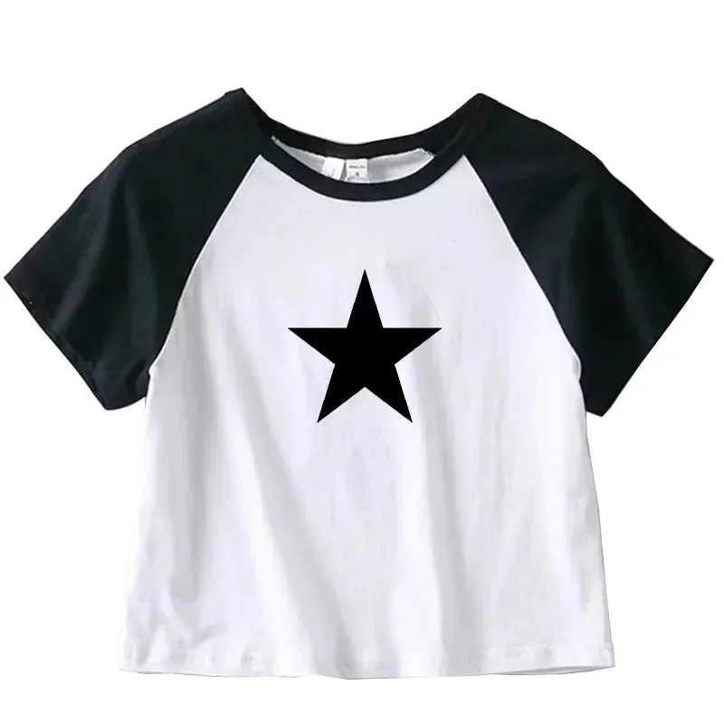 Y2K Star Tees for Women Retro Fashion Short Sleeve Crop Top Sexy Aesthetic Short T-Shirt Tops Navel