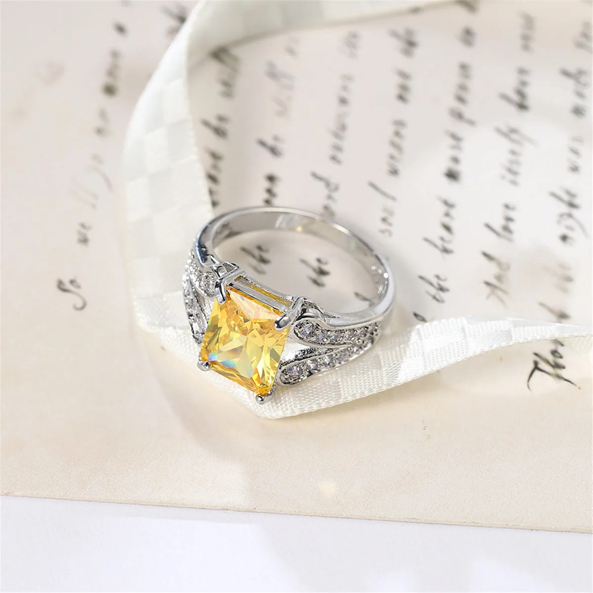 Yellow Crystal & Cubic Zirconia Princess-Cut Ring