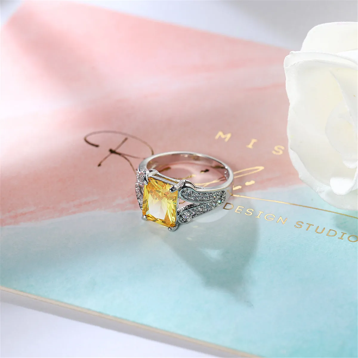 Yellow Crystal & Cubic Zirconia Princess-Cut Ring