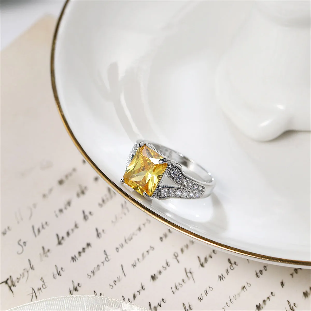 Yellow Crystal & Cubic Zirconia Princess-Cut Ring