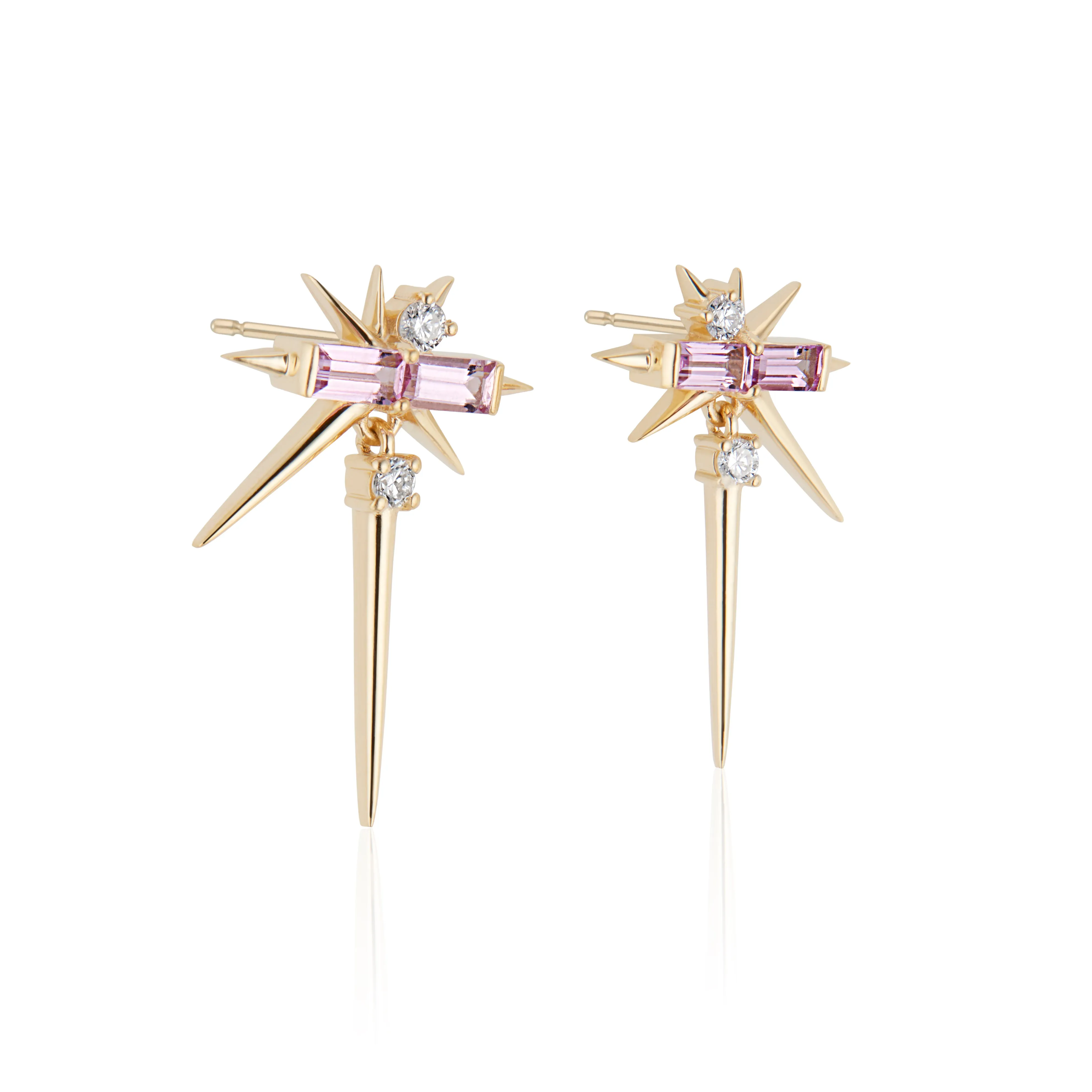 Yellow Gold Pink Sapphire & Diamond Drop Earrings - Spike Earrings