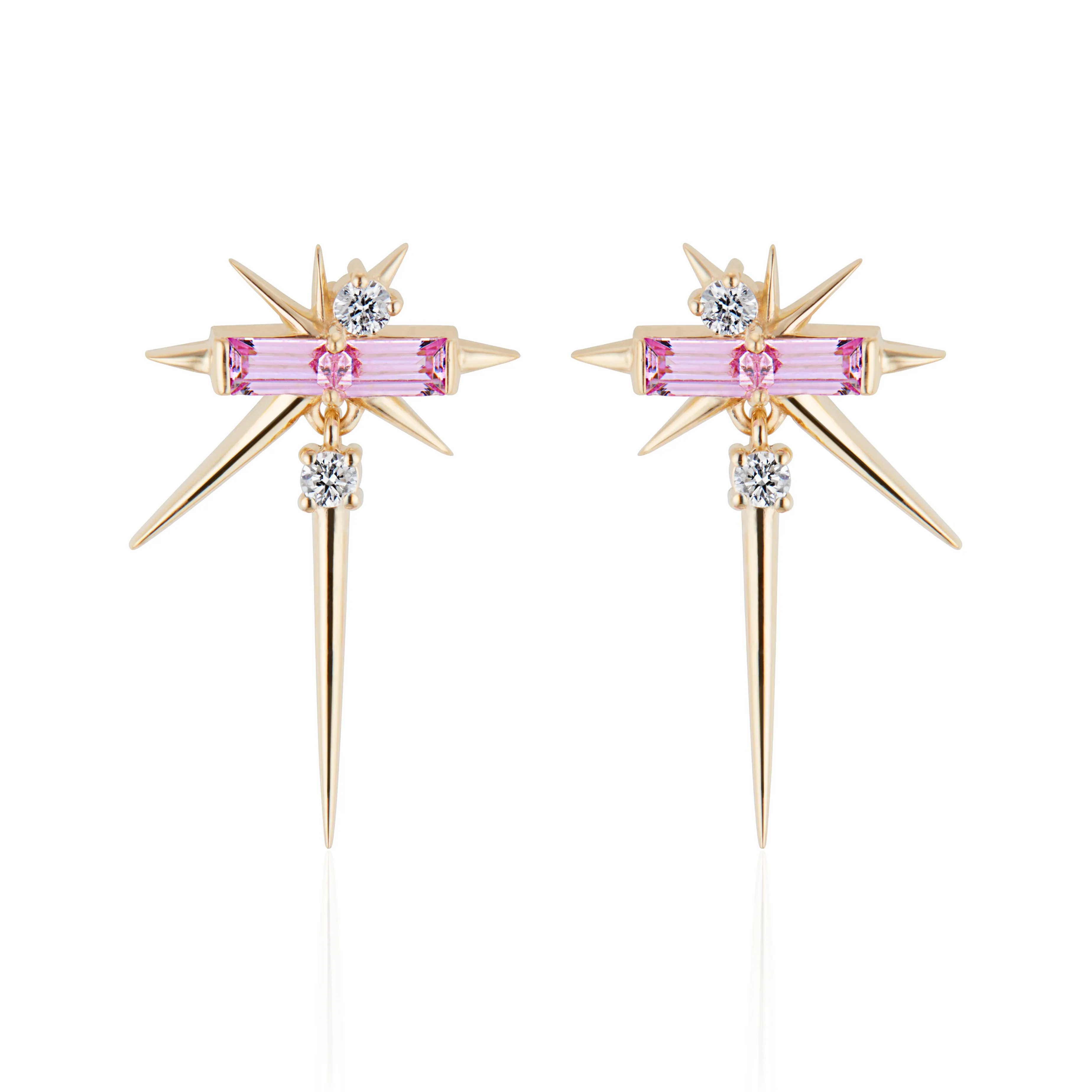 Yellow Gold Pink Sapphire & Diamond Drop Earrings - Spike Earrings