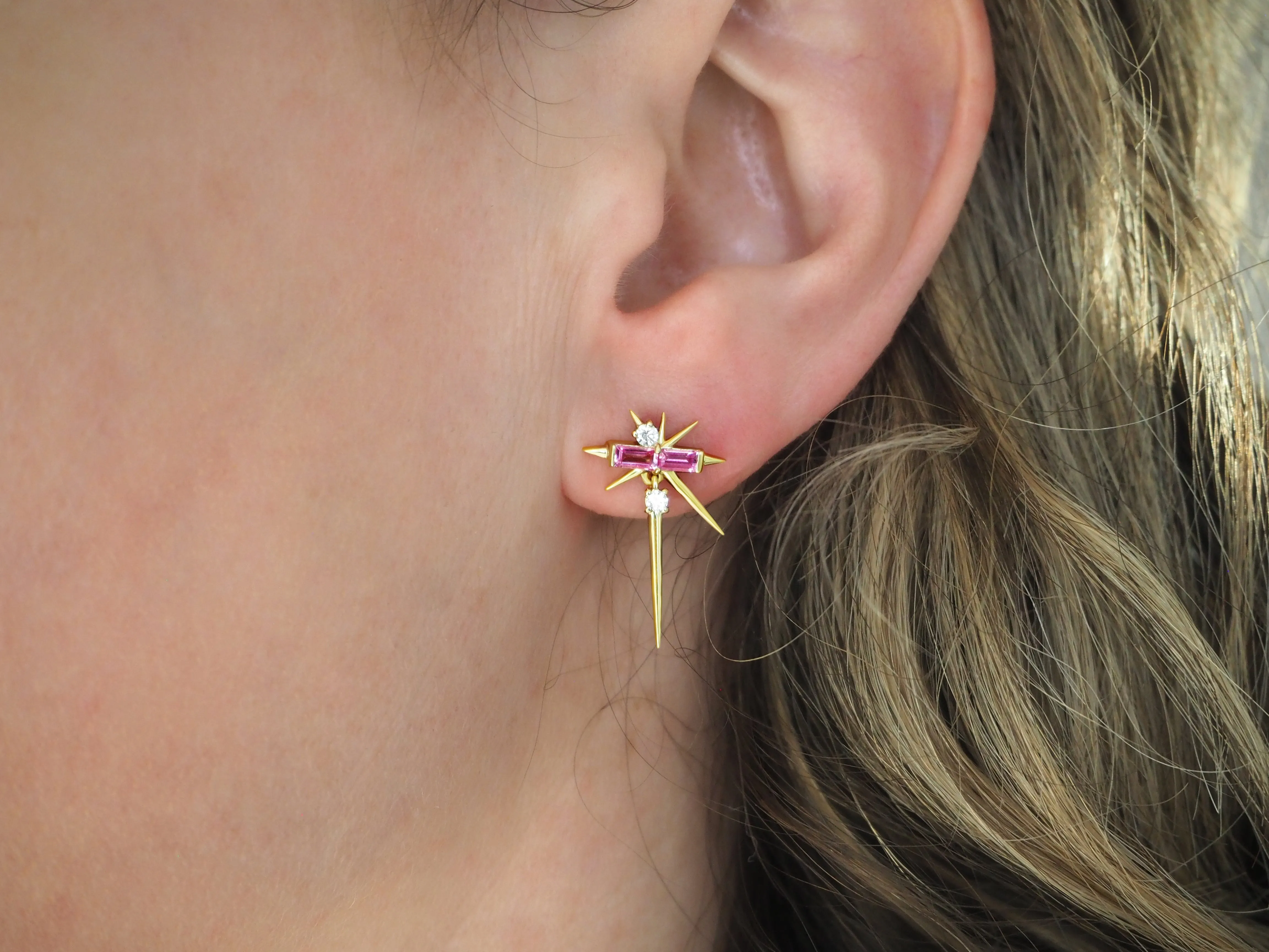 Yellow Gold Pink Sapphire & Diamond Drop Earrings - Spike Earrings
