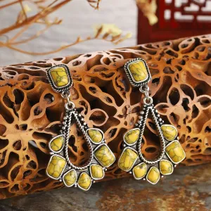 Yellow Marbled Turquoise & Silver-Plated Chandelier Drop Earrings
