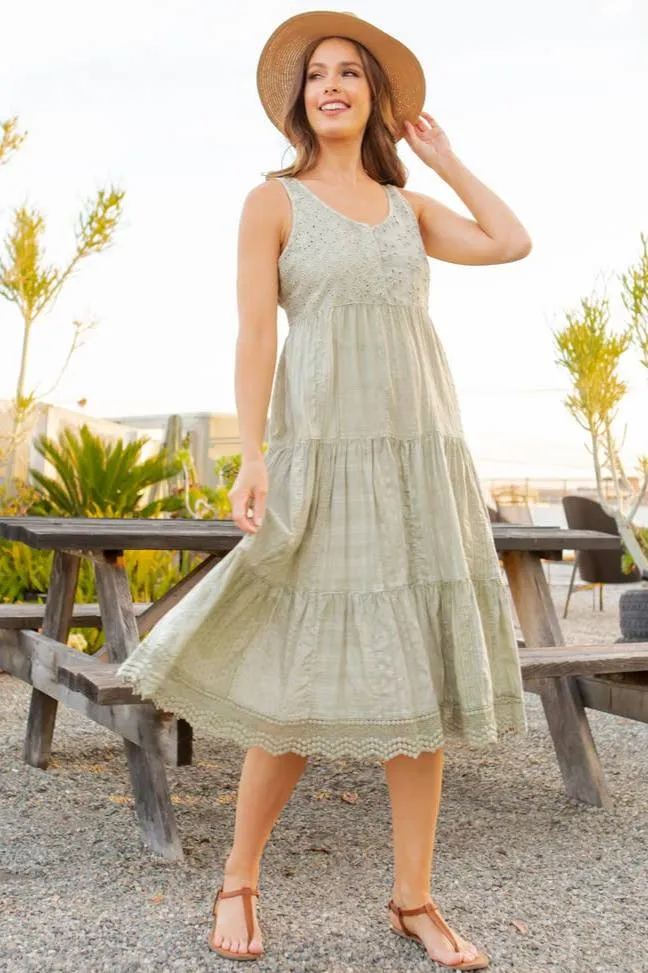 Young Threads Sage Mixed Fabric Patchwork Dress With Lace Trim. Fall Clearance!