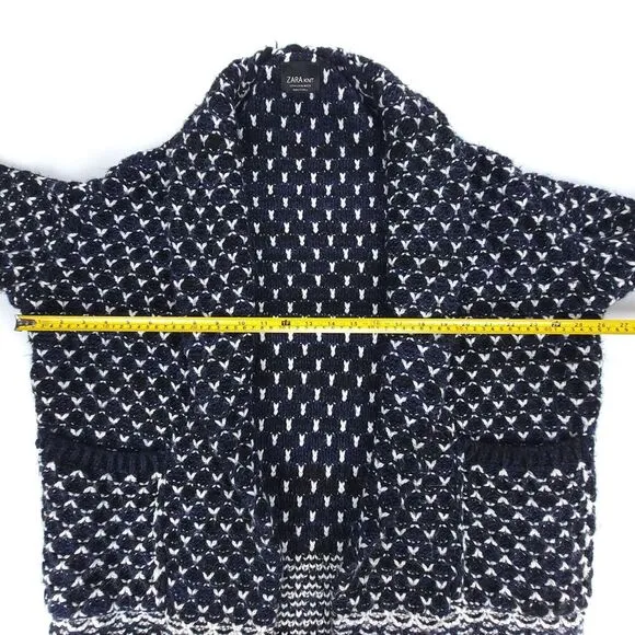ZARA Long Boho Jacquard Knit Western Fringe Cardigan Sweater Coat Medium Navy
