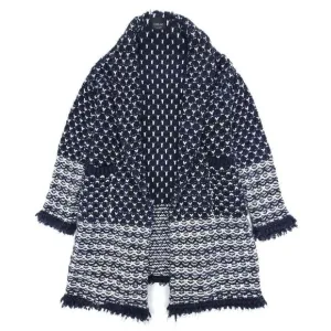 ZARA Long Boho Jacquard Knit Western Fringe Cardigan Sweater Coat Medium Navy