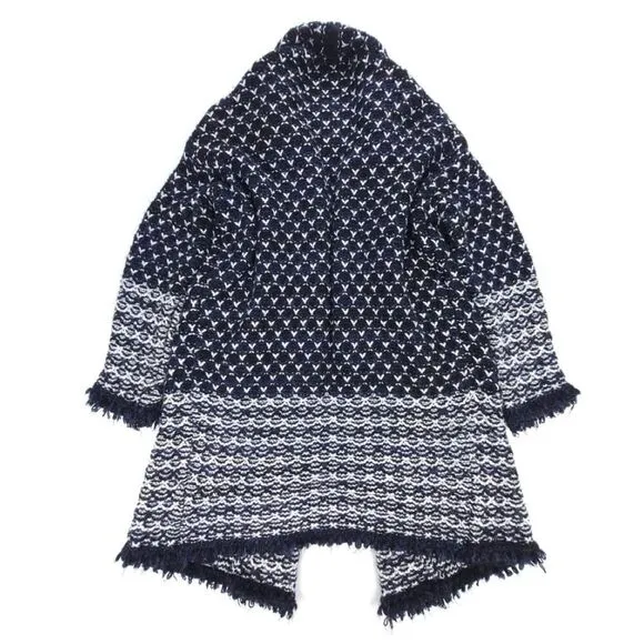 ZARA Long Boho Jacquard Knit Western Fringe Cardigan Sweater Coat Medium Navy
