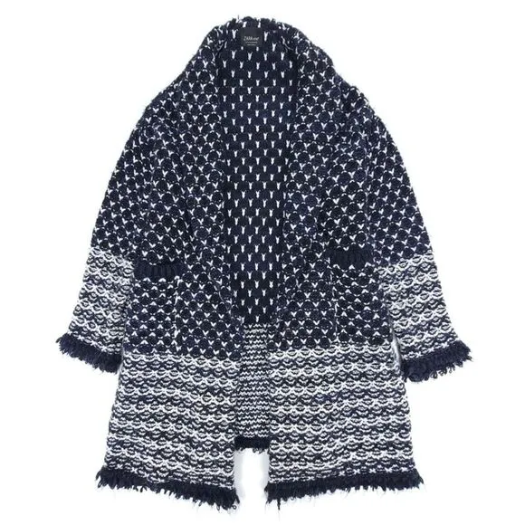 ZARA Long Boho Jacquard Knit Western Fringe Cardigan Sweater Coat Medium Navy