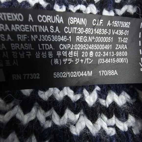 ZARA Long Boho Jacquard Knit Western Fringe Cardigan Sweater Coat Medium Navy
