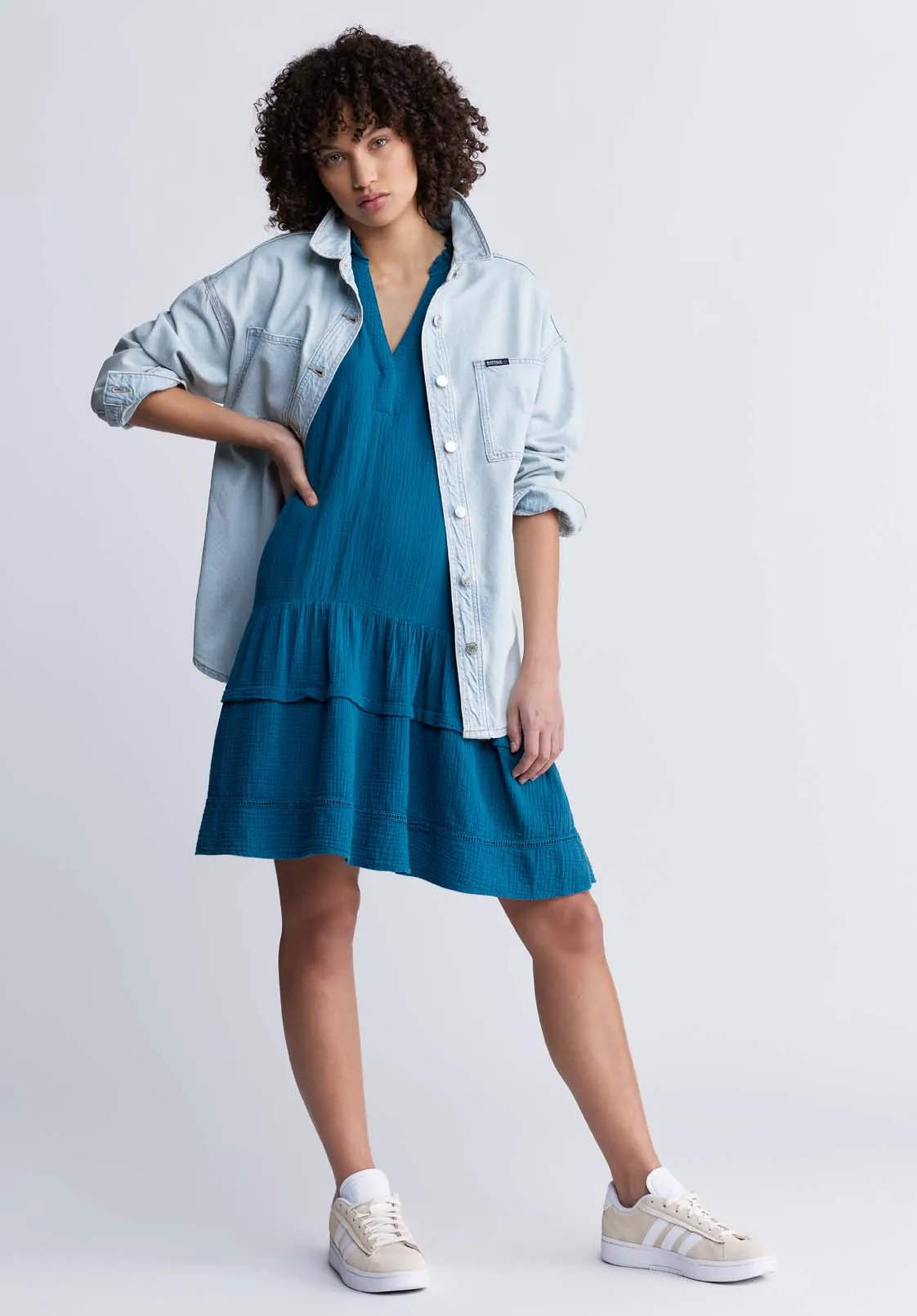 Zinnia Women's Ruffled Dress in Teal Blue - WD0033P