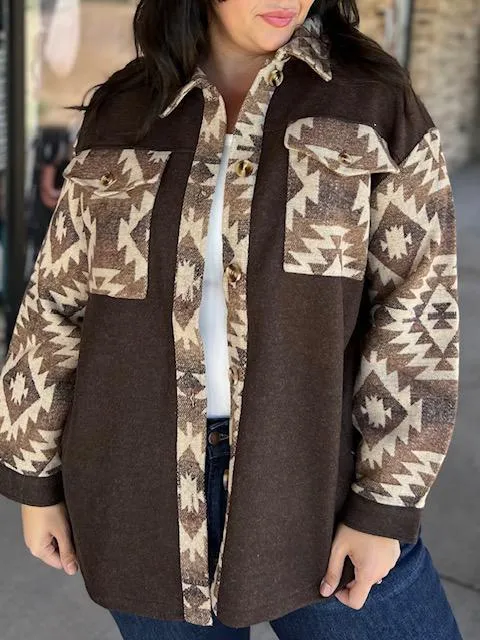Zoe Brown Aztec Print Contrast Shacket