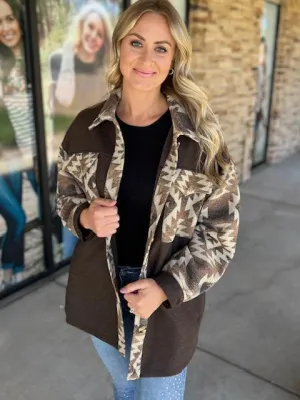 Zoe Brown Aztec Print Contrast Shacket