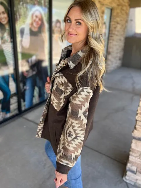 Zoe Brown Aztec Print Contrast Shacket